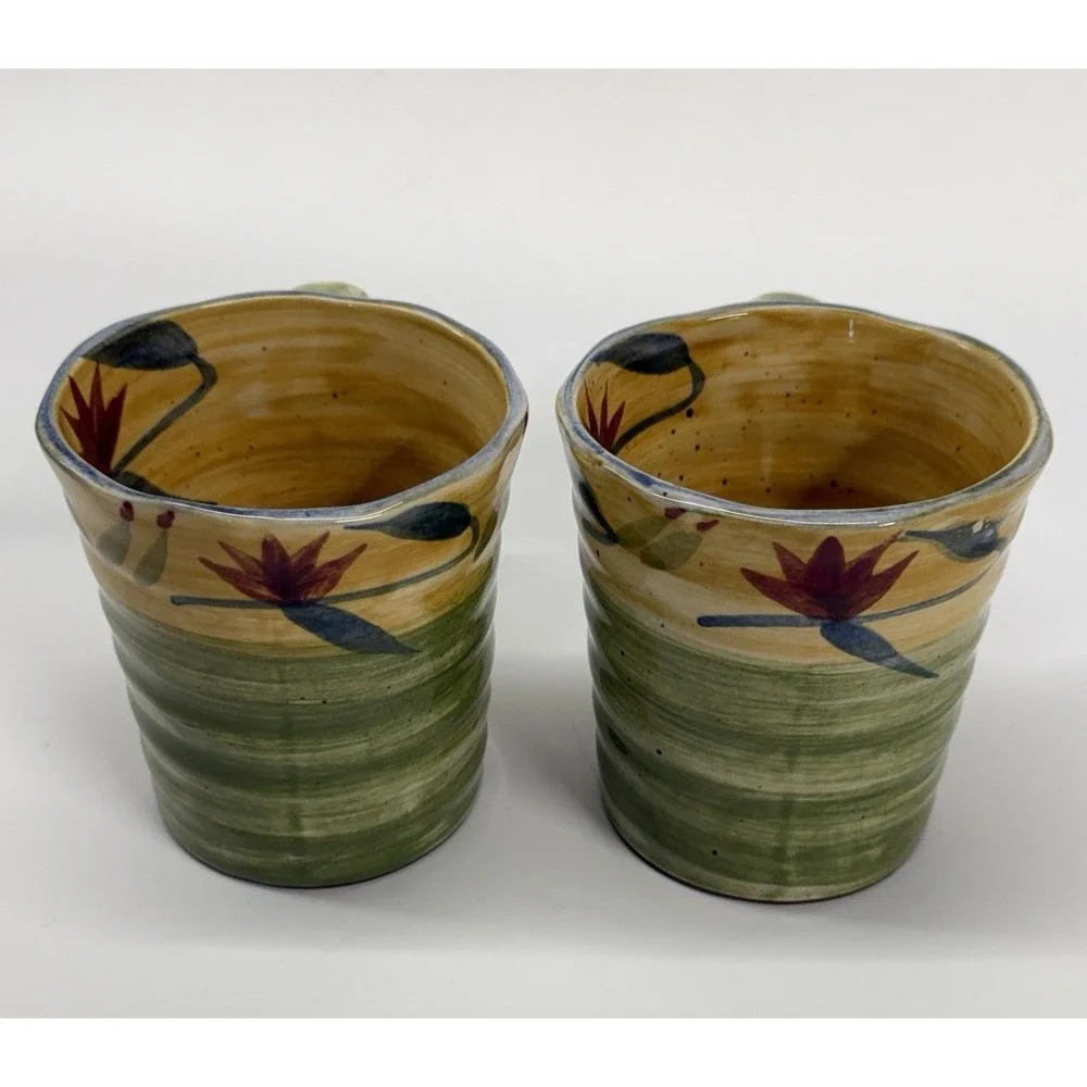 Pier 1 Elizabeth Mug Set of 2 Floral Handpainted Stoneware Green Floral 16 oz